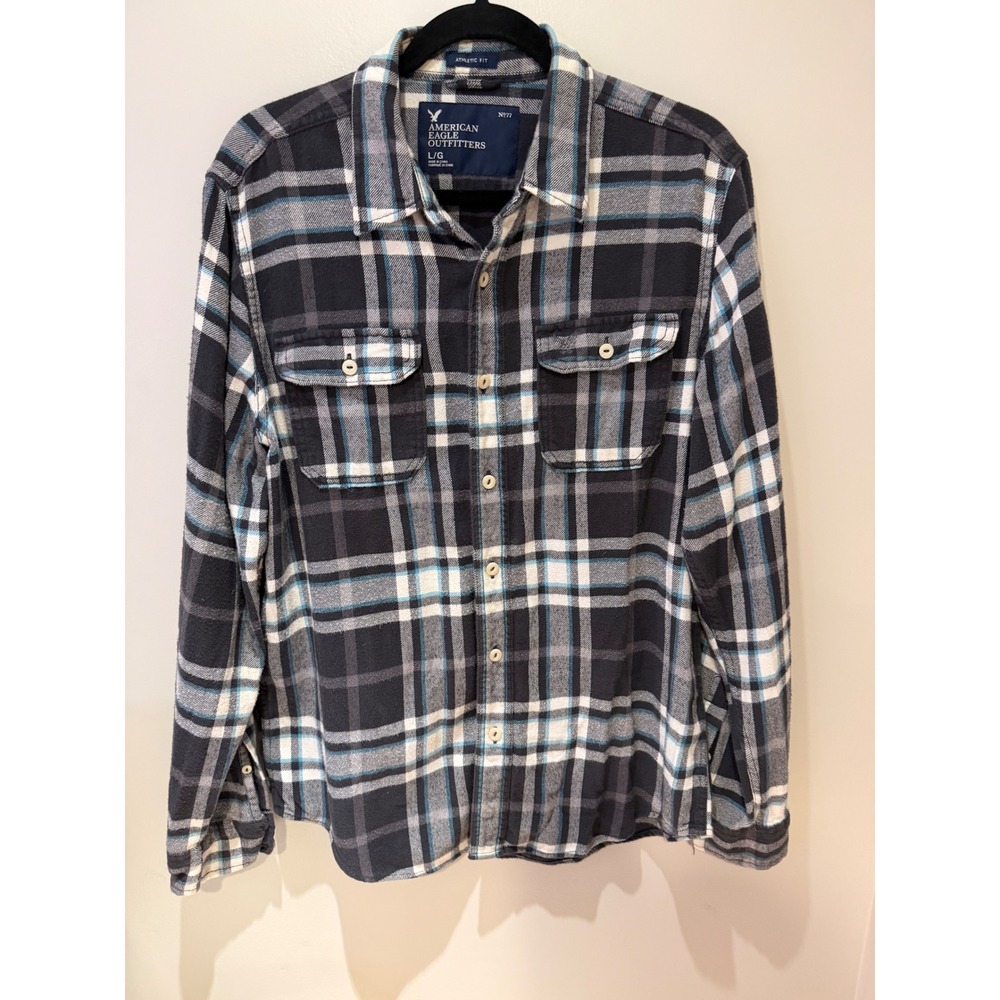 American Eagle Outfitters Mens Athletic Fit Soft Plaid Flannel Shirt Grey Blue L